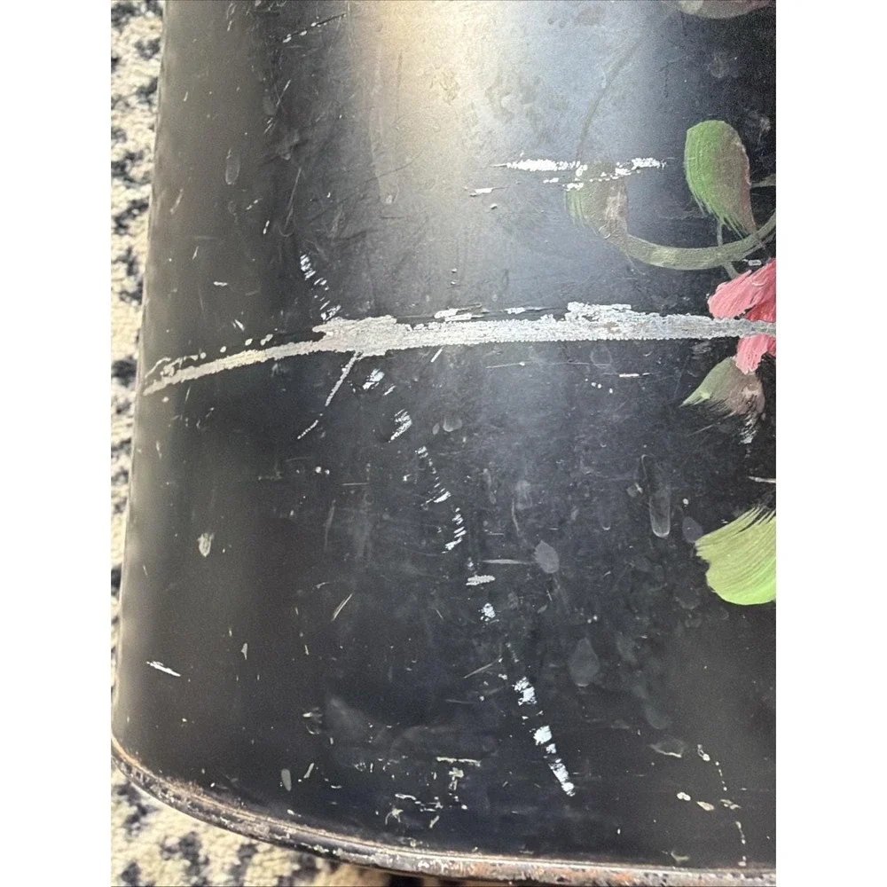 VTG Hand Painted Floral Metal Wastebasket Black Pierced Lattice Toleware Worn!